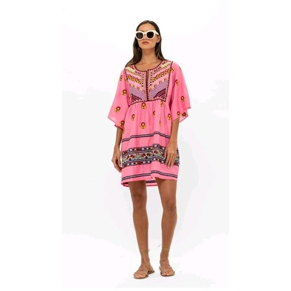 NWOT OLIPHANT Kaftan Santa Fe Pink Floral Embroidered Mini Dress MEDIUM Cotton